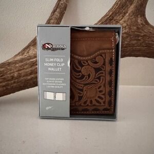 Nocona Mens Slim Fold Money Clip Wallet Brown Tooled Leather Western N5415602